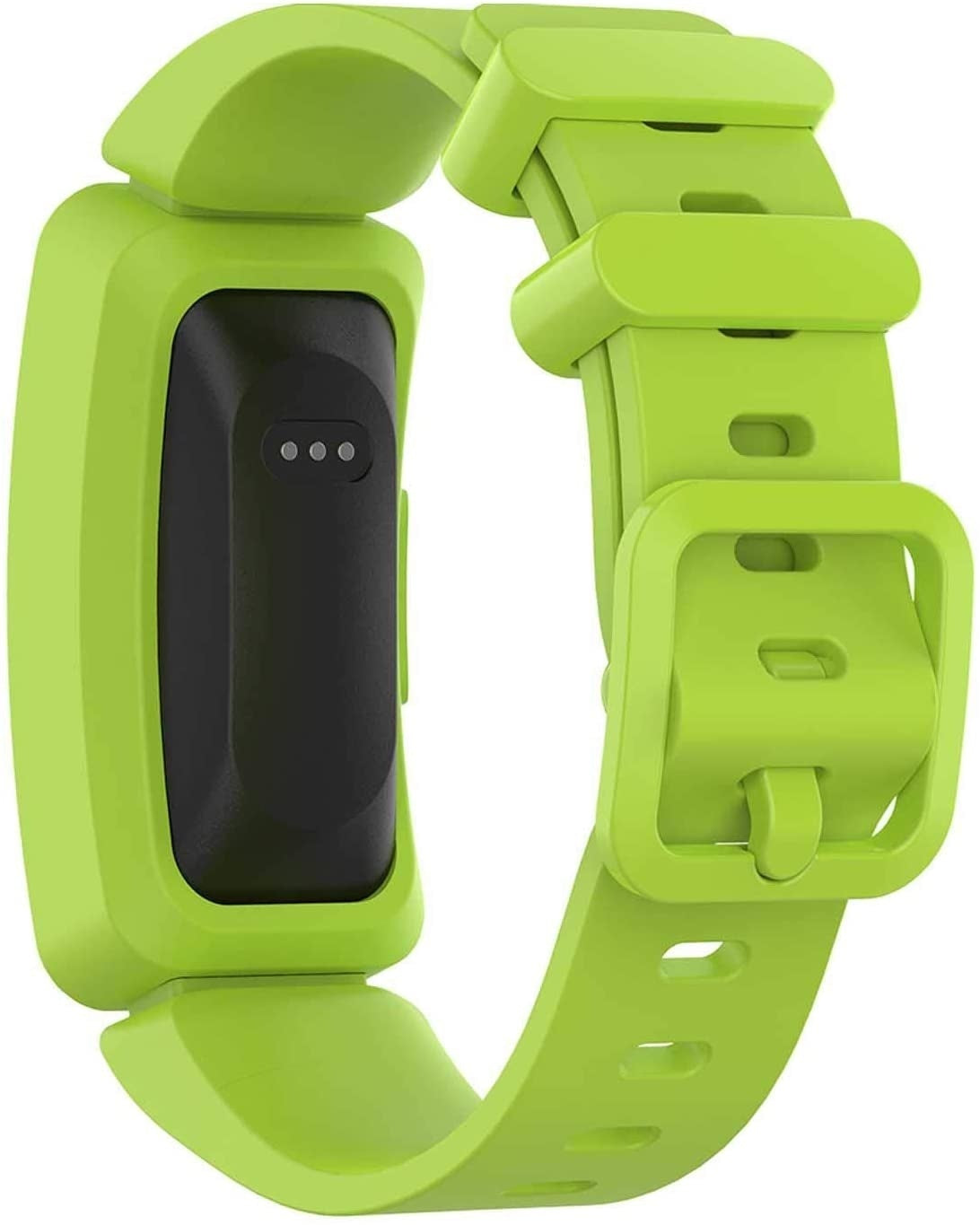 Ein grüner Fitness-Tracker mit schwarzem Display. Das Armband ist lindgrün, und die Schnalle ist sichtbar. Das Gerät zeigt drei kleine Punkte.