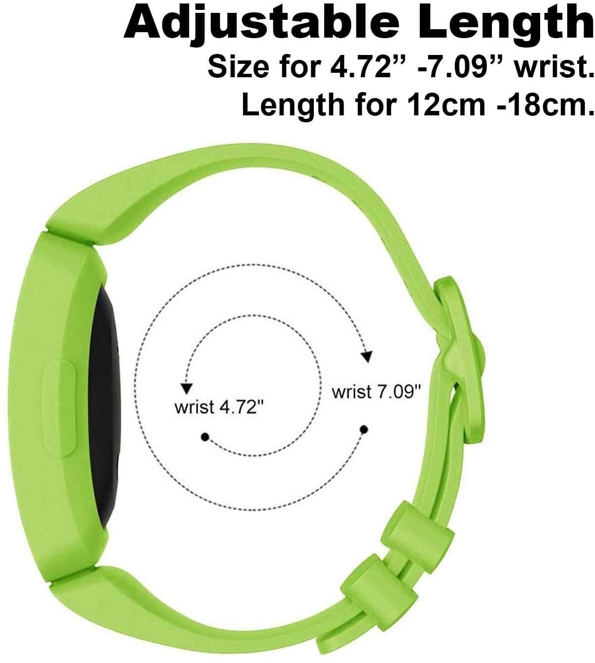 Ein grünes Uhrenarmband mit dem Text 'Adjustable Length' und Größenangaben für Handgelenke und Längen.