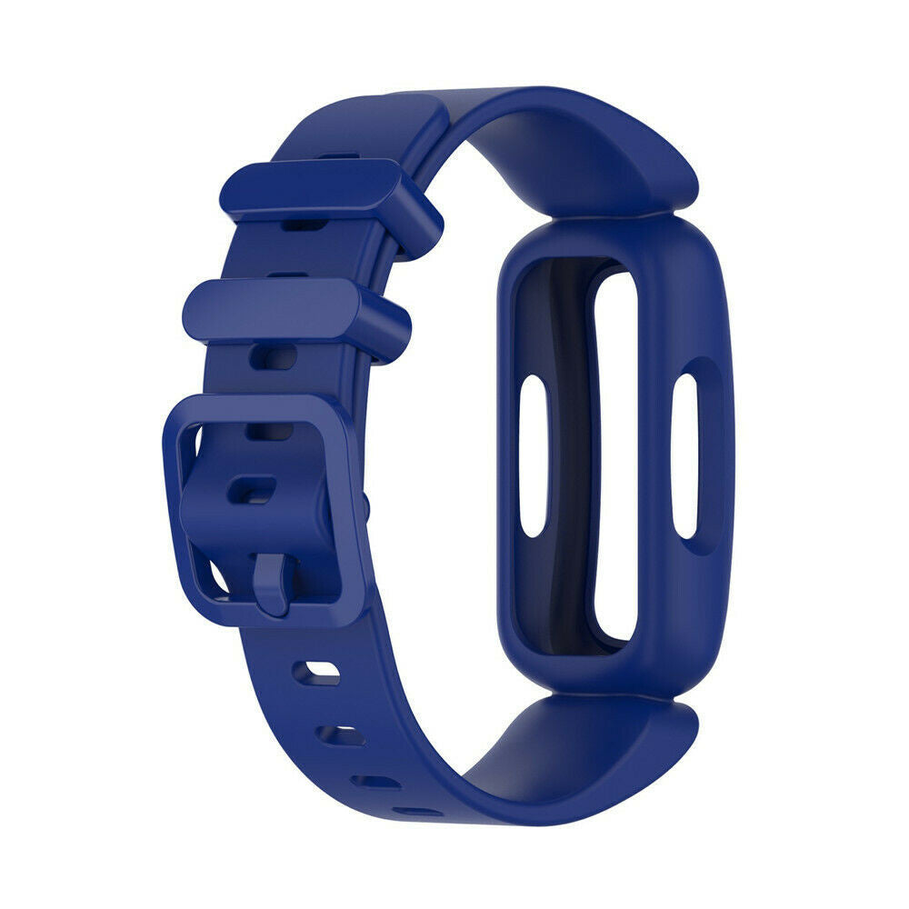 Ein blaues Fitness-Tracker-Armband. Es hat eine Schnalle und Löcher auf der einen Seite und ein Gehäuse mit zwei vertikalen Schlitzen auf der anderen Seite.