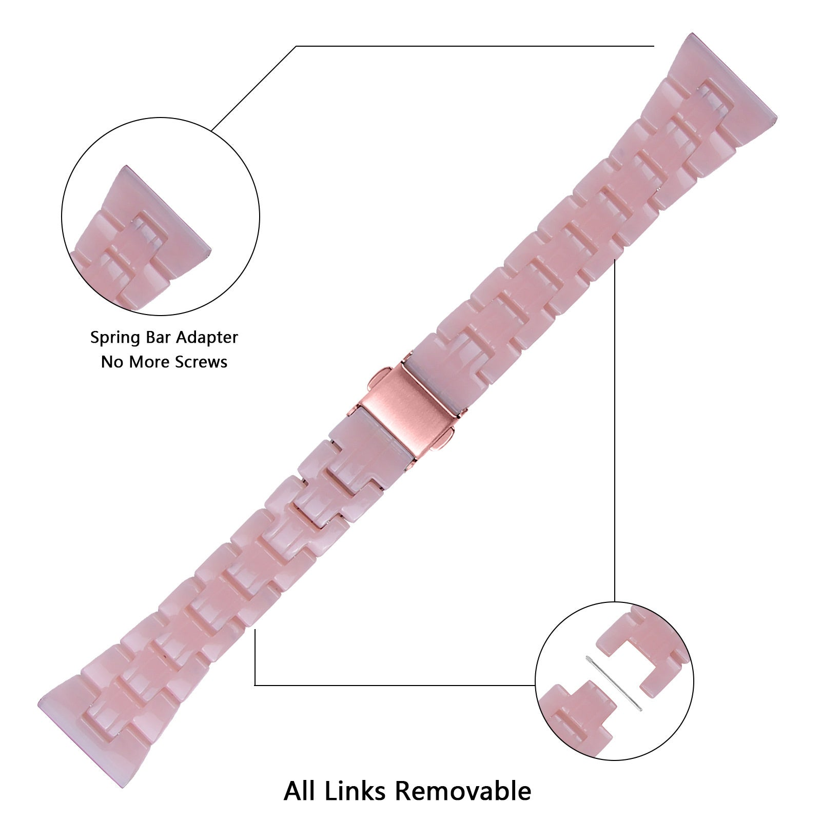 Rosa Uhrenarmband mit roségoldener Schließe. Enthält Nahaufnahmen des Federstegadapters und der entfernbaren Glieder.