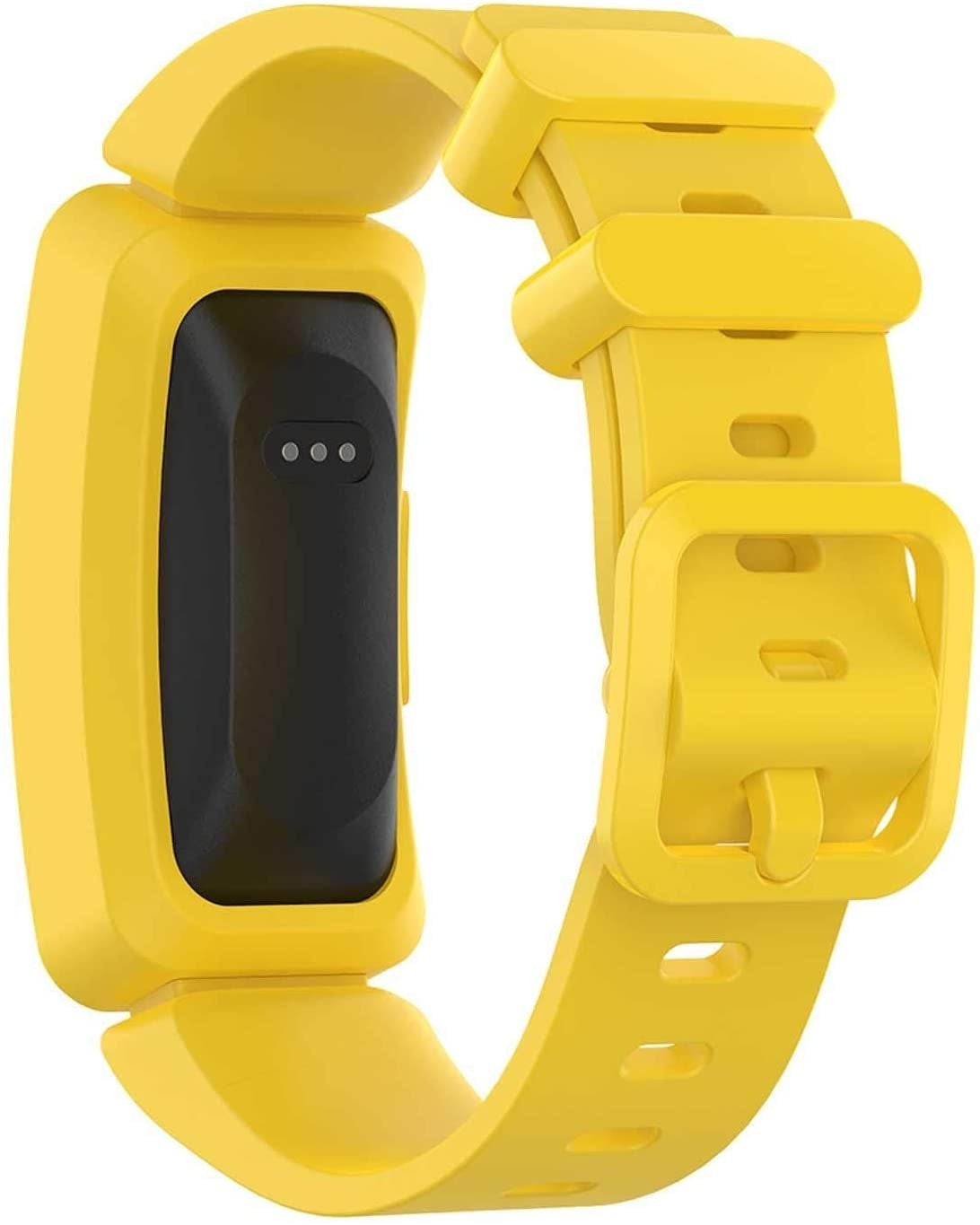 Gelber Fitnesstracker mit schwarzem Bildschirm und drei kleinen Punkten. Das Armband ist gelb mit einer Schnalle.