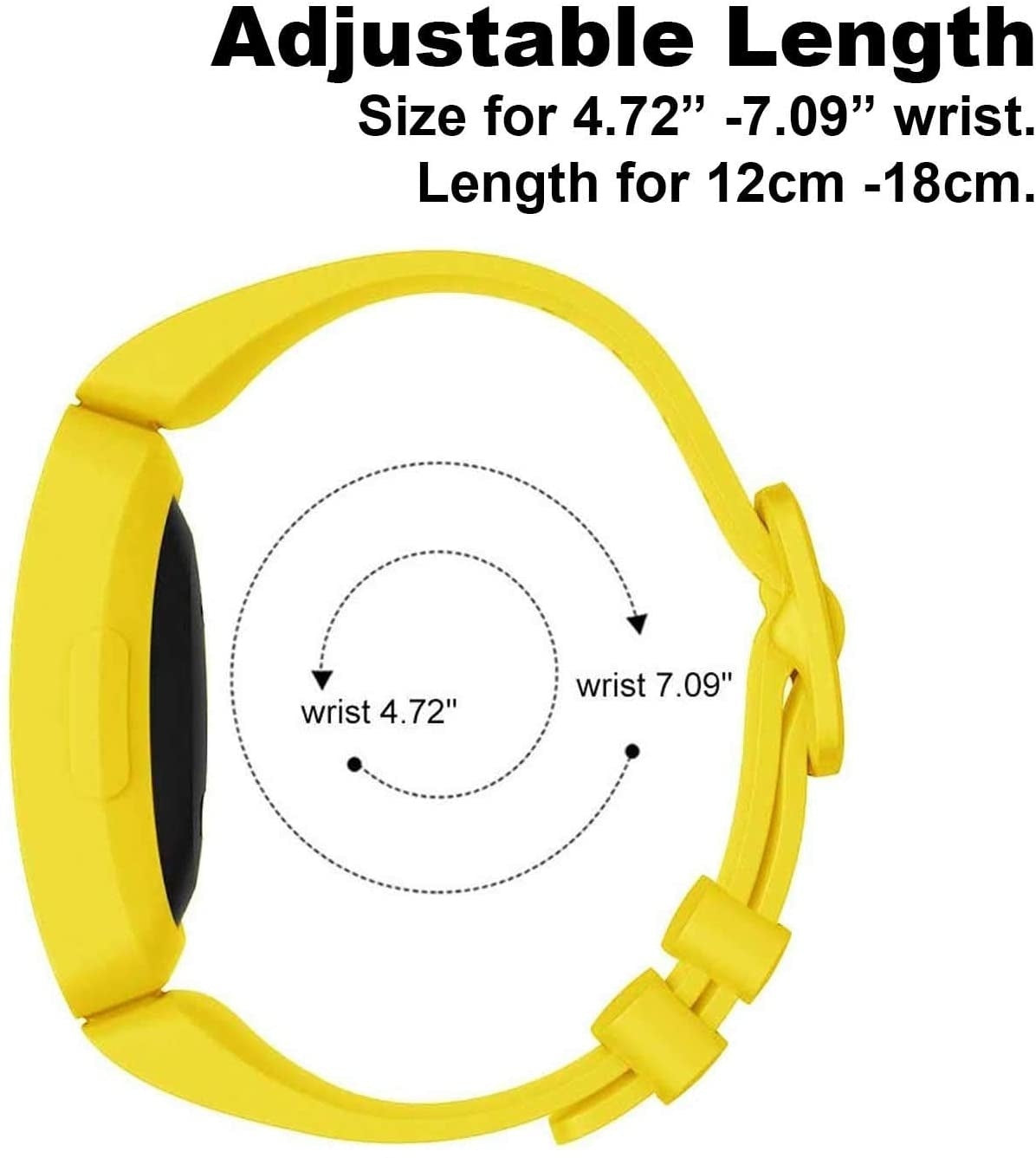 Gelbes Uhrenarmband mit schwarzem Bildschirm. Text: Einstellbare Länge, Größe für 4,72"-7,09" Handgelenk, Länge für 12cm-18cm.
