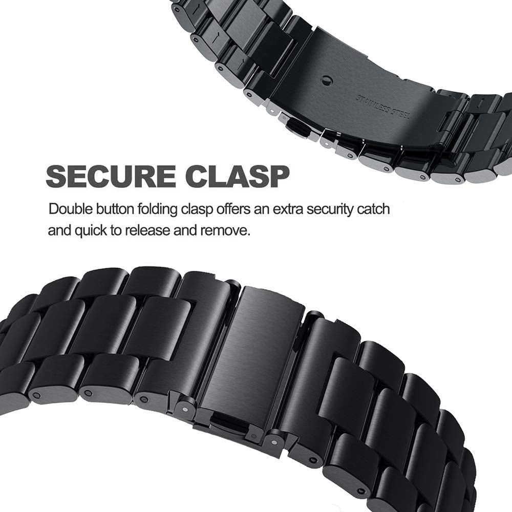 Ein schwarzer Uhrenverschluss mit dem Text „SECURE CLASP“. Der Hintergrund zeigt ein Uhrenarmband. Der Verschluss ist mit „STAINLESS STEEL“ beschriftet.
