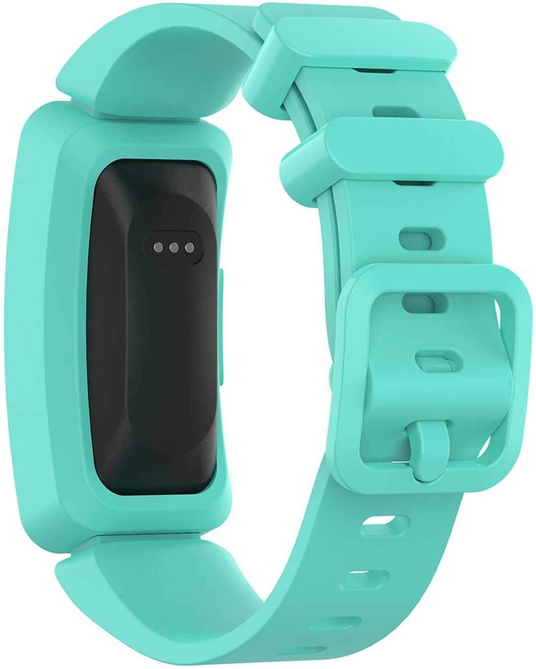 Ein türkisfarbener Fitnesstracker. Der Bildschirm ist schwarz mit drei Punkten. Das Band hat eine Schnalle und Löcher.