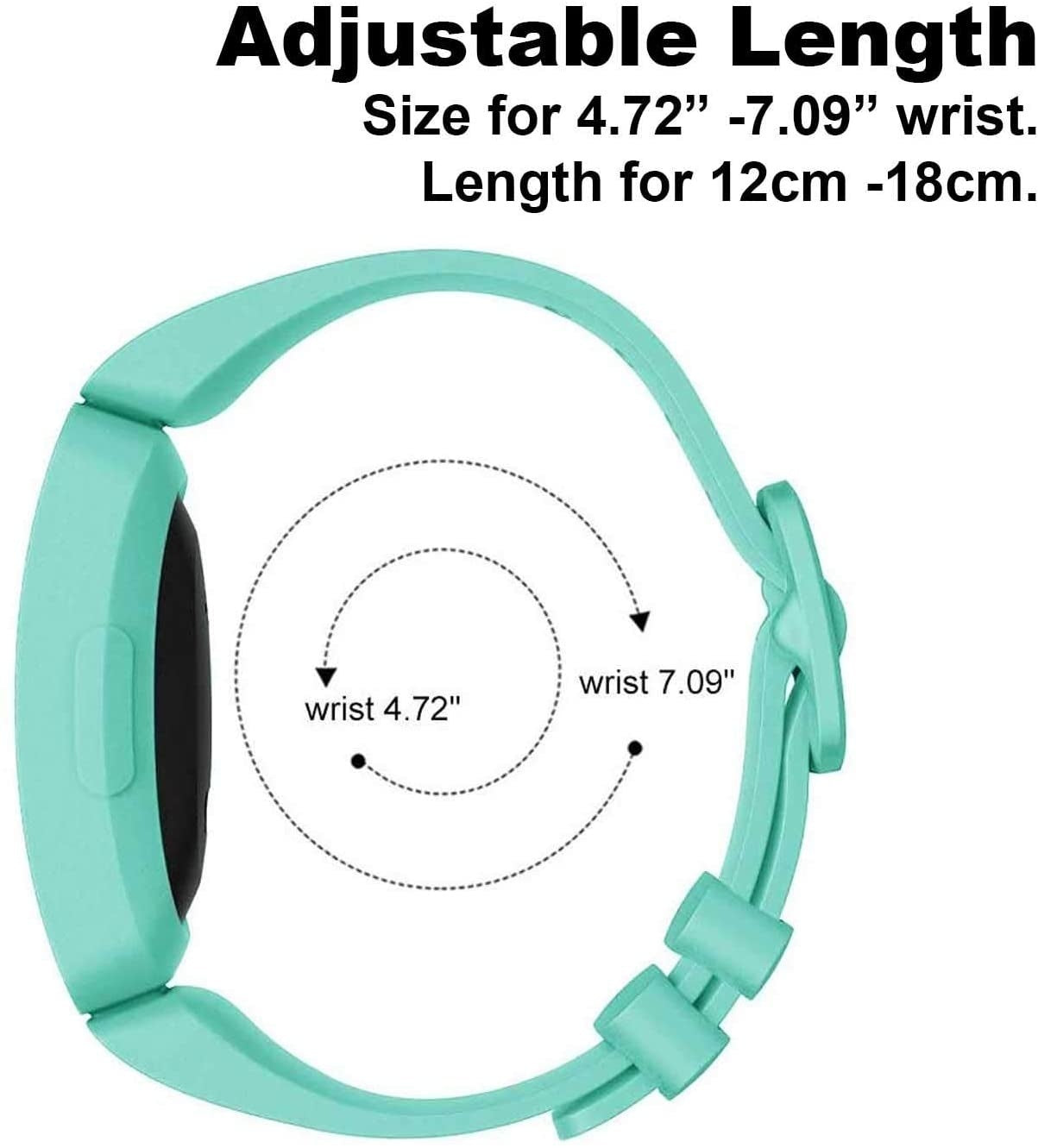 Ein türkisfarbenes Smartwatch-Armband mit verstellbarer Länge wird angezeigt. Text besagt Größe für 4,72"-7,09" Handgelenk. Das Band ist vor weißem Hintergrund.