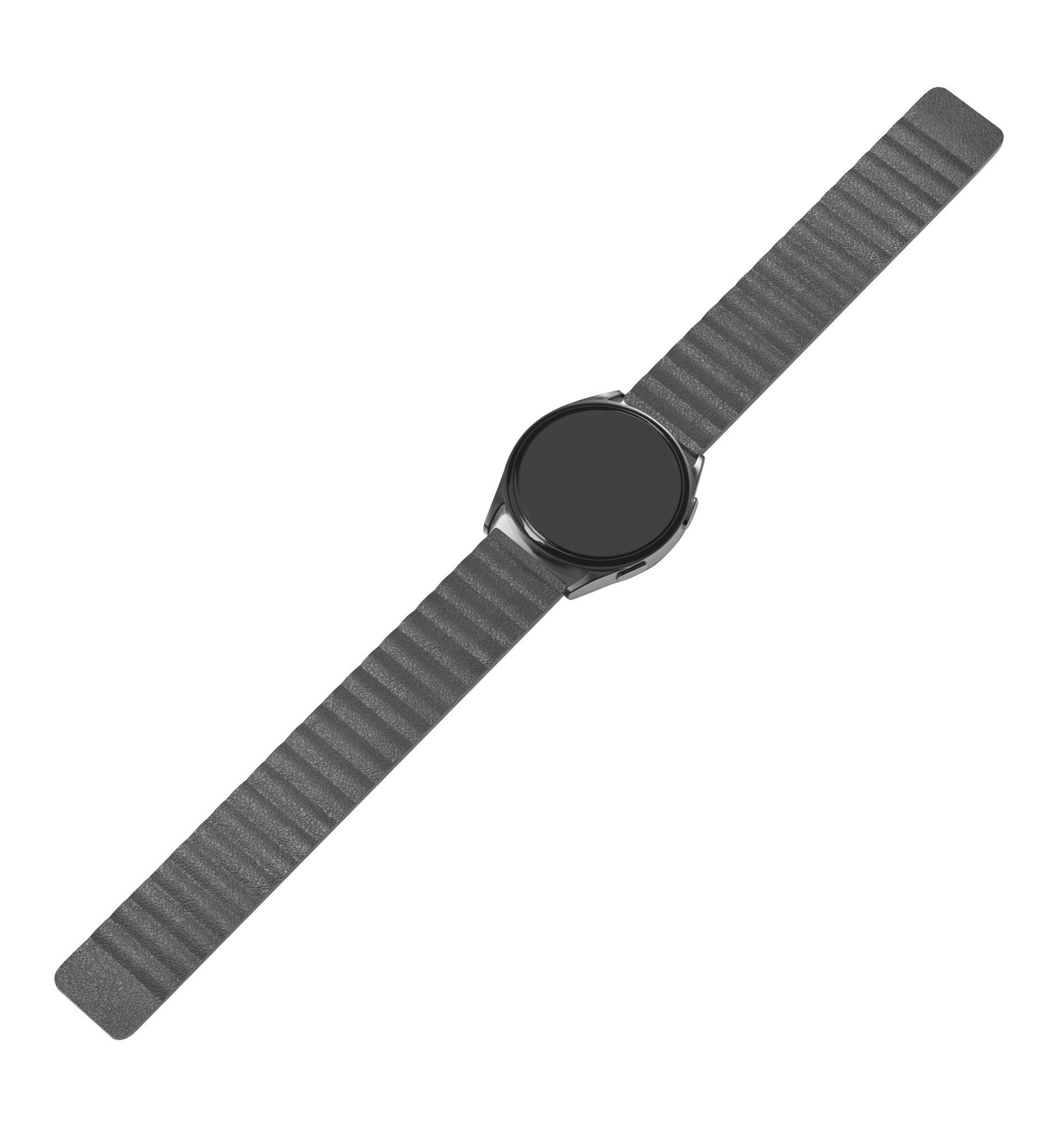 Eine Smartwatch mit schwarzem Bildschirm und grauem Armband, vor weißem Hintergrund. Das Armband ist strukturiert und die Uhr ist zentriert.