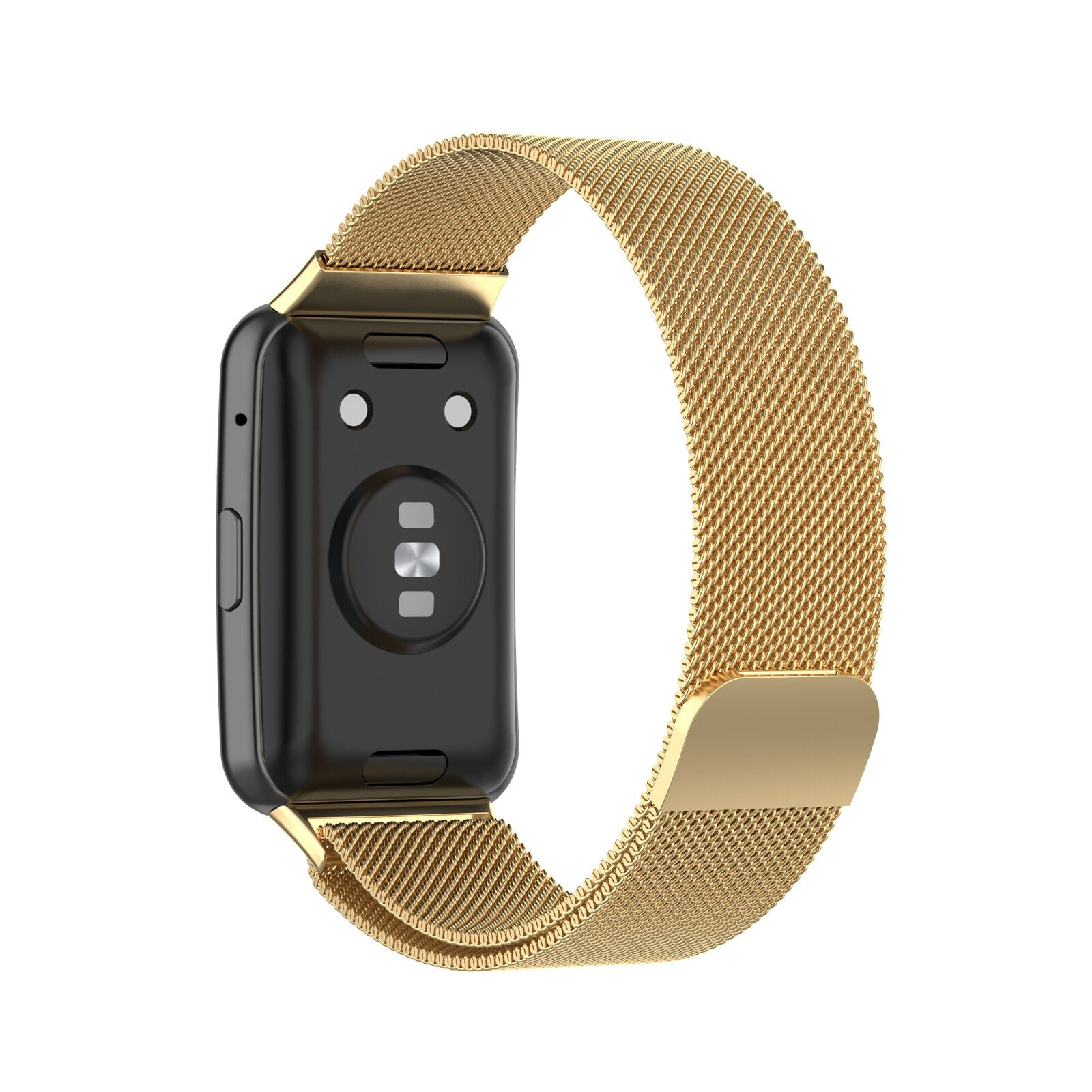 Schwarze Smartwatch mit goldenem Mesh-Band. Die Uhr zeigt ihre Rückseite mit Sensoren. Weißer Hintergrund.