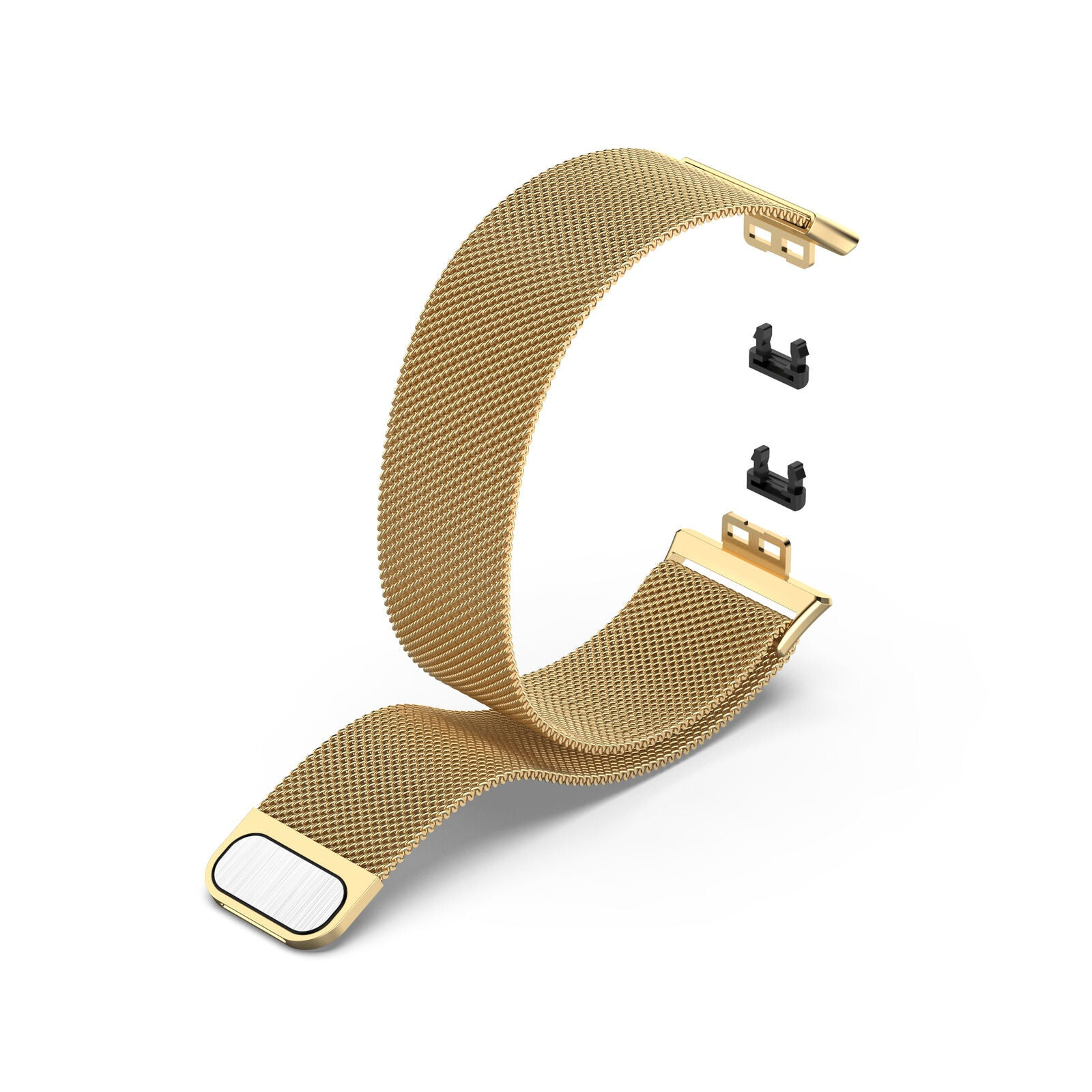Ein goldenes Mesh-Uhrenarmband mit schwarzen Steckern wird auf weißem Hintergrund gezeigt. Das Band ist gebogen und abgetrennt.