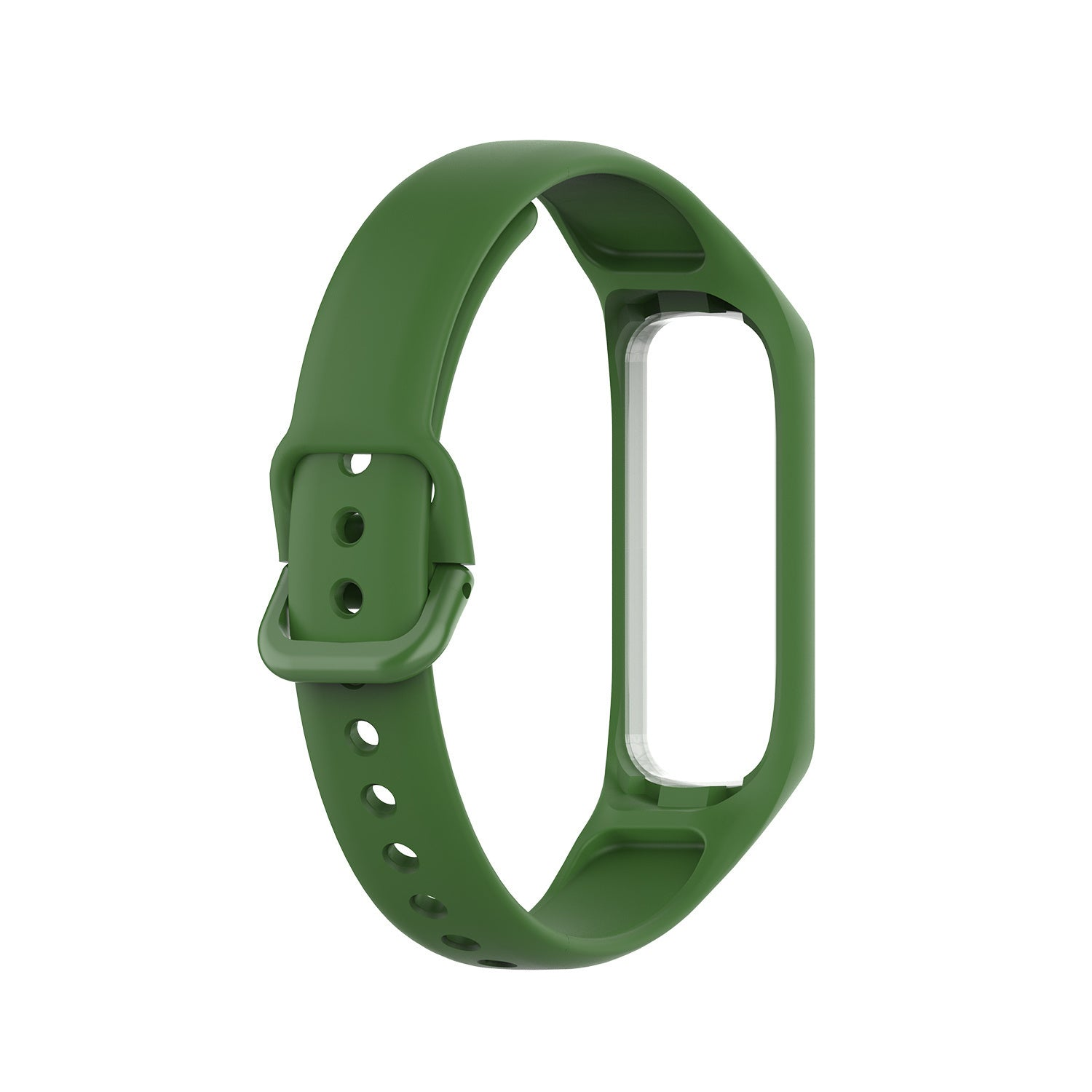 Ein grünes Smartwatch-Armband mit Schnalle und mehreren Löchern. Es hat eine rechteckige Öffnung für das Zifferblatt auf weißem Hintergrund.