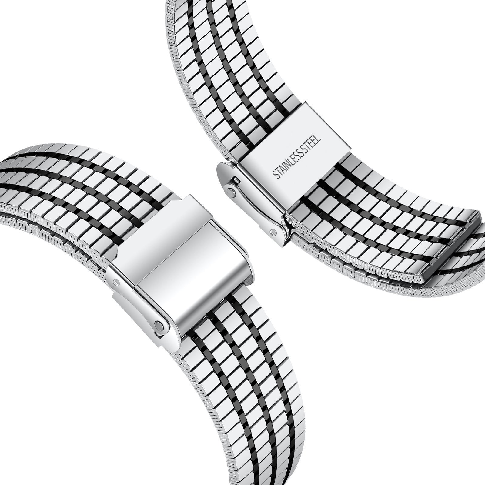Zwei Edelstahl-Uhrenarmbänder, eines geschlossen und eines offen, mit der Aufschrift "STAINLESS STEEL" auf dem Verschluss. Weißer Hintergrund.