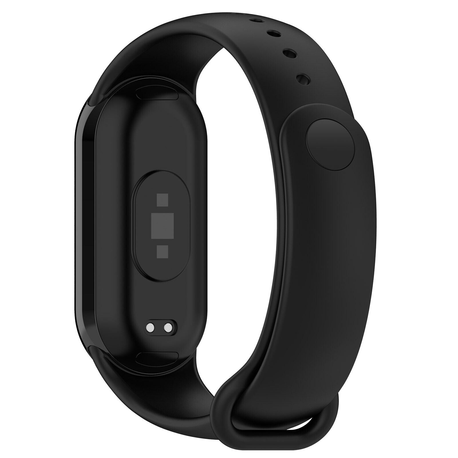 Ein schwarzer Fitness-Tracker mit gebogenem Band. Der Tracker hat einen Bildschirm und zwei runde Sensoren.