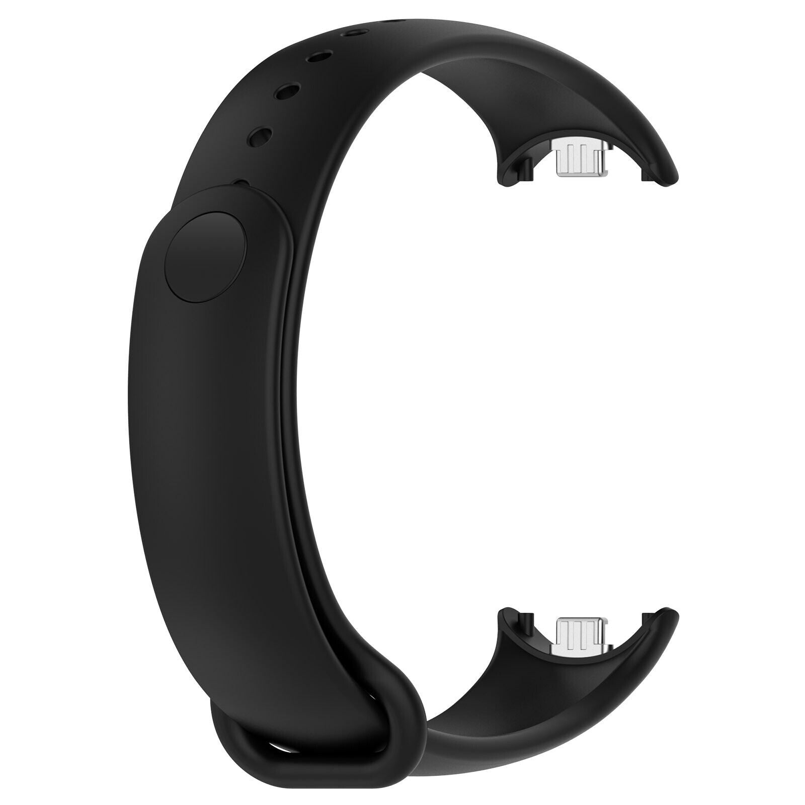 Schwarzes, gebogenes Uhrenarmband mit zwei Enden, eines mit Löchern und einem Knopf, das andere mit Metallverschlüssen, isoliert auf Weiß.