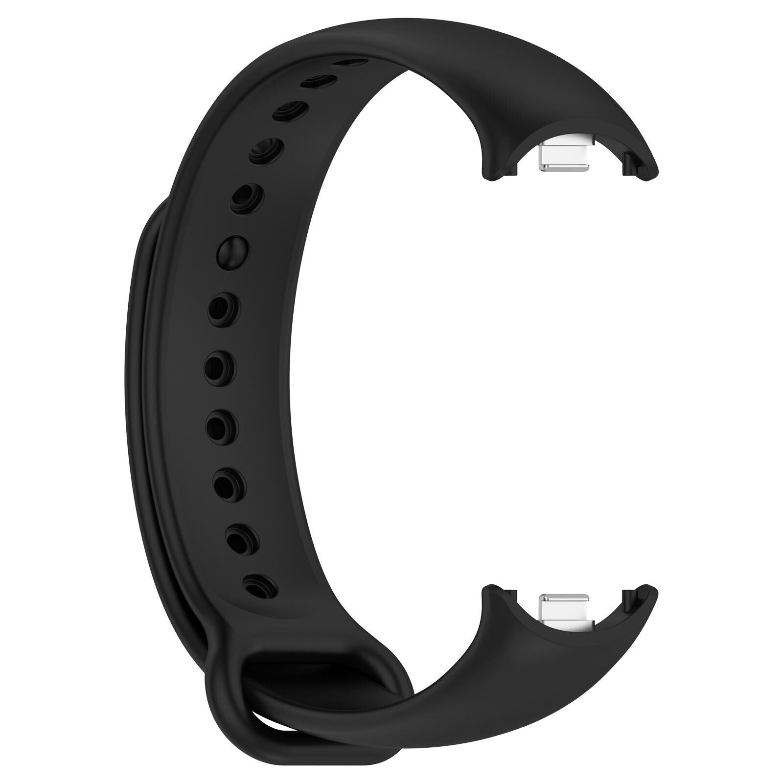 Ein schwarzes Uhrenarmband mit mehreren Löchern und zwei silberfarbenen Anschlüssen. Der Hintergrund ist schlicht weiß.