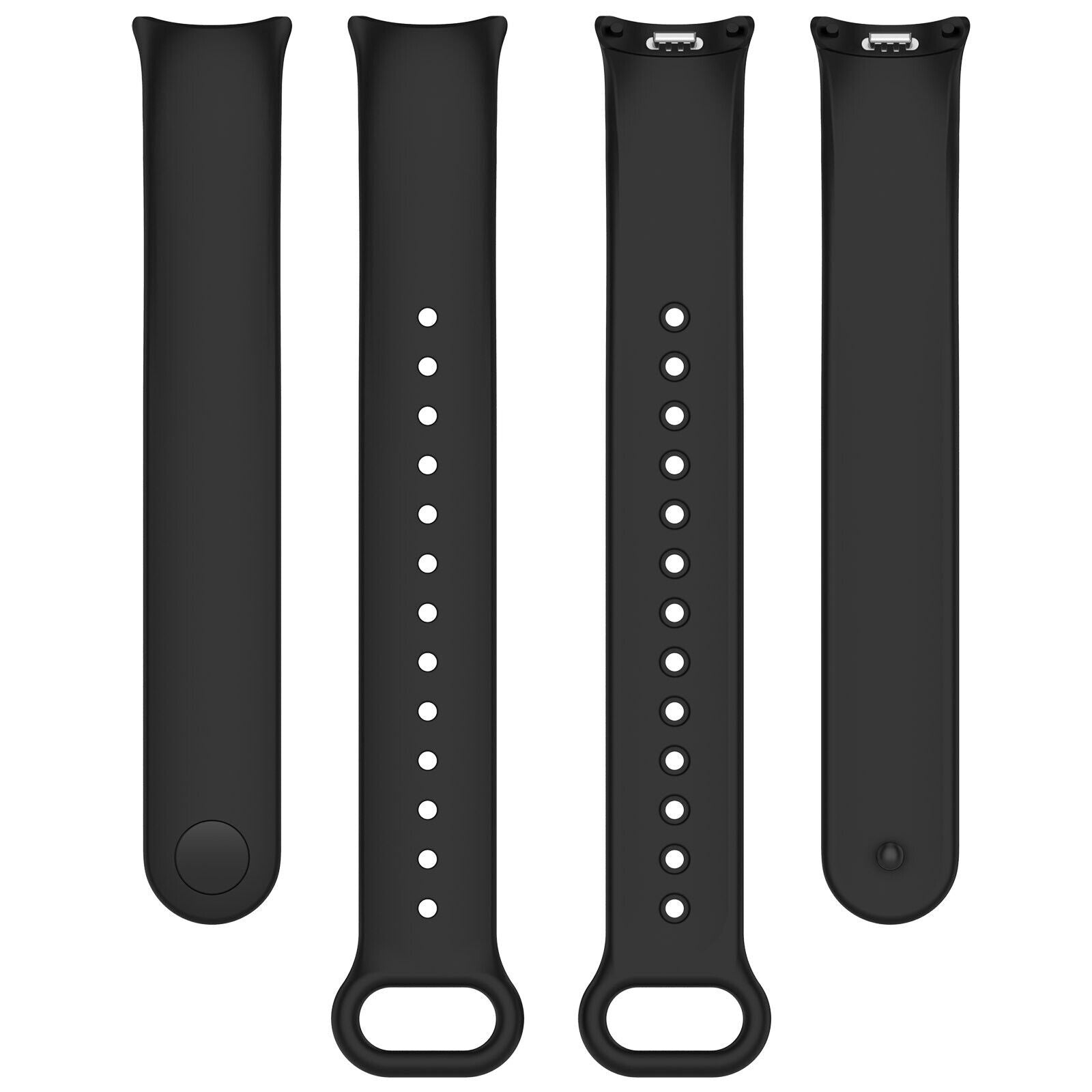 Vier schwarze Uhrenarmbänder. Zwei Armbänder haben Löcher zur Anpassung. Zwei Armbänder haben Stift- und Verschlussbefestigungen.