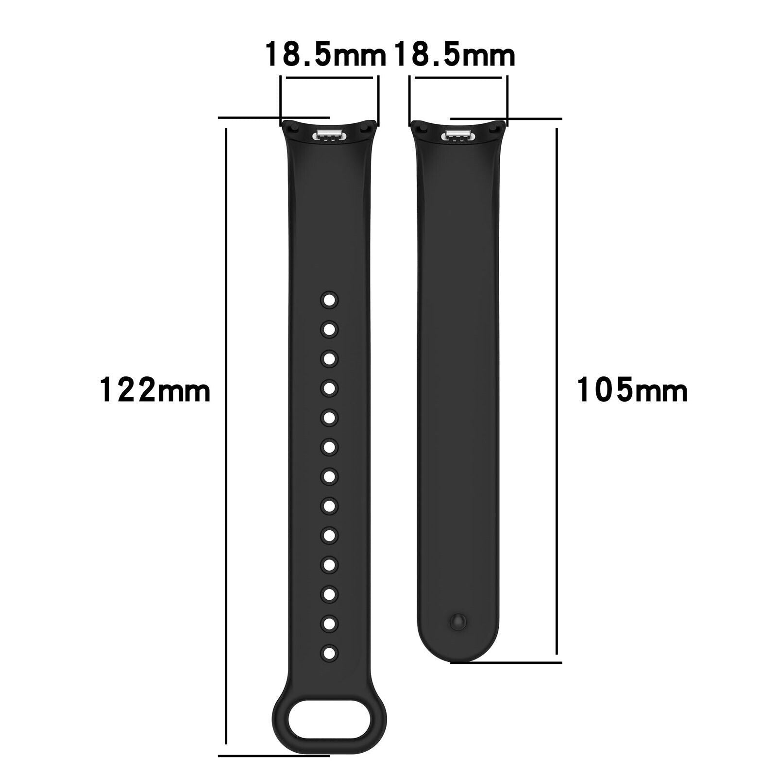 Schwarze Uhrenarmbänder mit Maßangaben. Ein Band hat Löcher, das andere ein einzelnes Loch. Maße sind 122mm und 105mm.