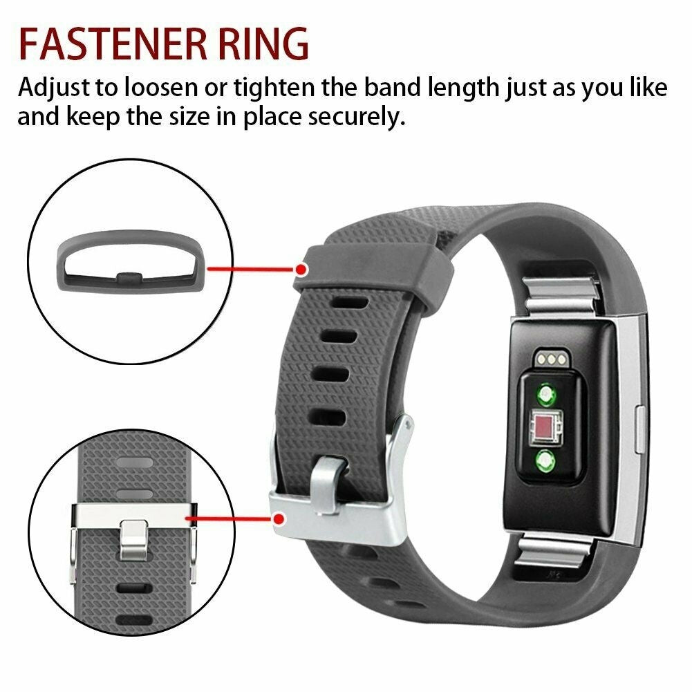 Das Bild zeigt einen grauen Fitness-Tracker mit Details zum Verschlussring. Text erklärt, wie man die Bandlänge einstellt und die Größe sichert.