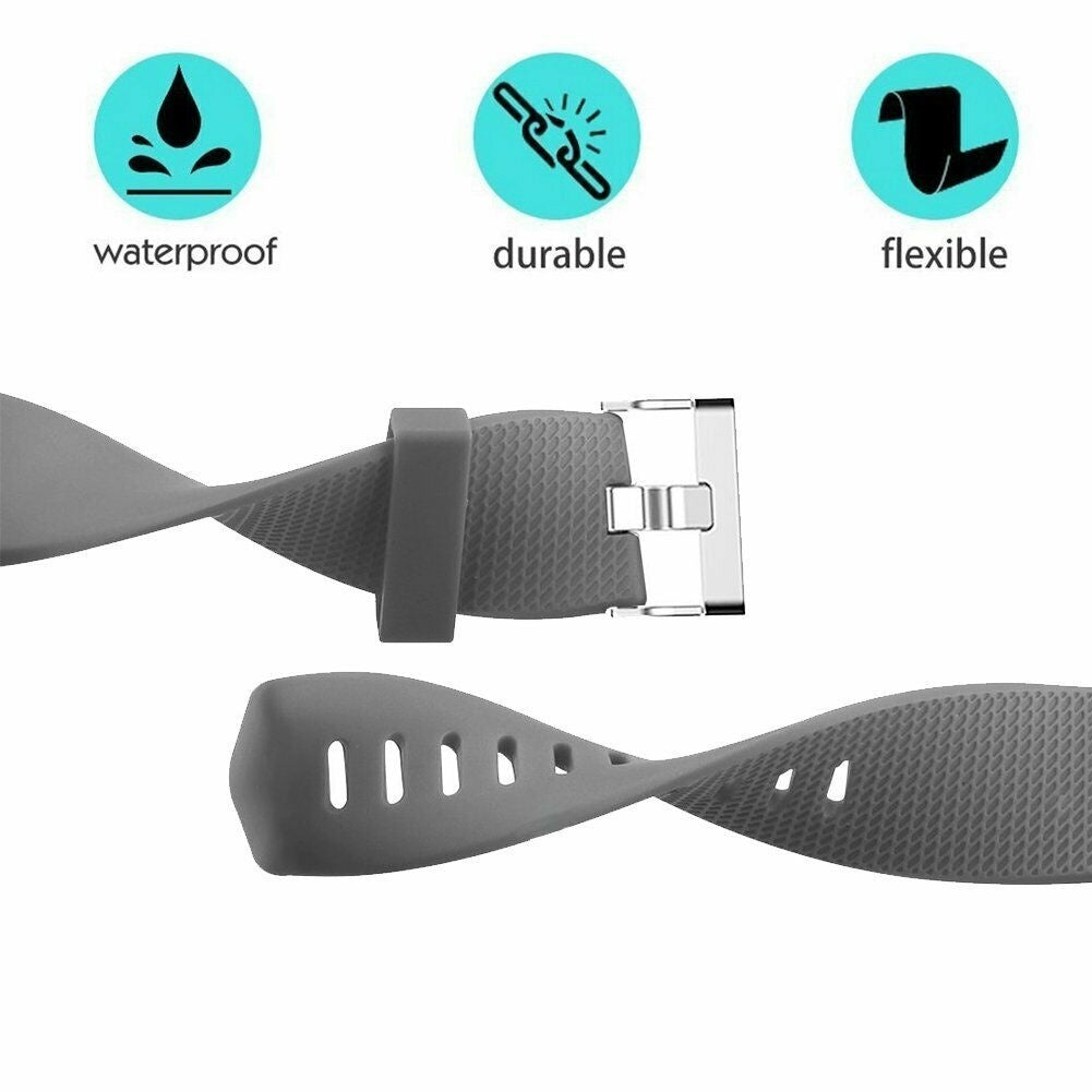 Graues Uhrenarmband mit Metallschnalle, mit Symbolen für wasserdicht, haltbar und flexibel. Das Armband ist gebogen, um Flexibilität zu zeigen.