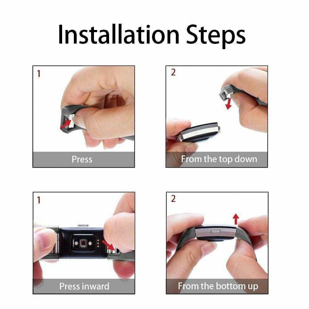 Installationsschritte für ein Armband. Hände drücken Teile zusammen. Text zeigt 'drücken', 'von oben nach unten' und 'von unten nach oben'.