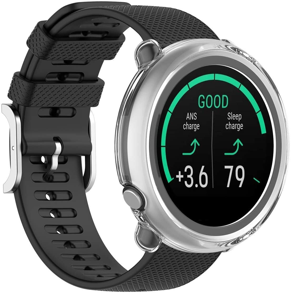 Eine schwarze Smartwatch mit silberner Lünette zeigt Gesundheitsdaten an: ANS-Ladung +3,6 und Schlafladung 79. Der Bildschirm zeigt 'GOOD'.