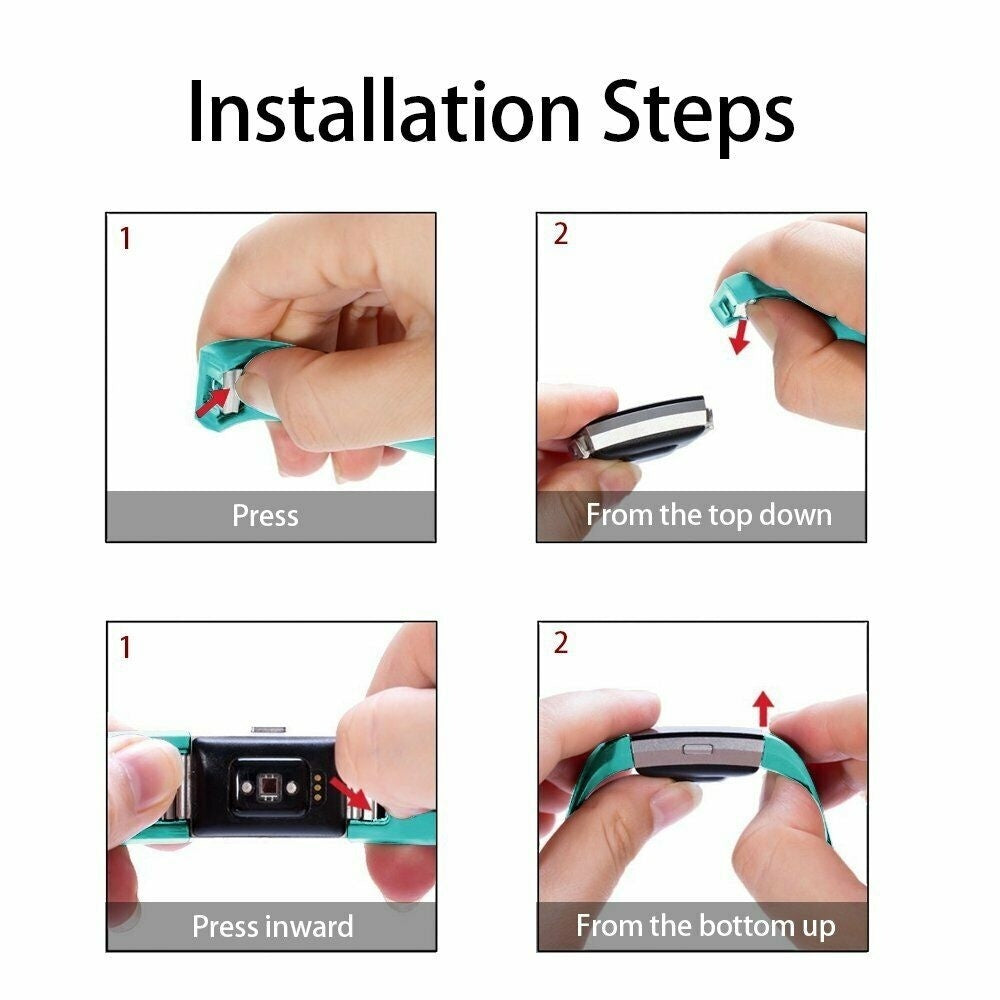 Installationsschritte für einen Fitnesstracker. Hände drücken und setzen Teile ein, von oben nach unten und von unten nach oben illustriert, mit Pfeilen.