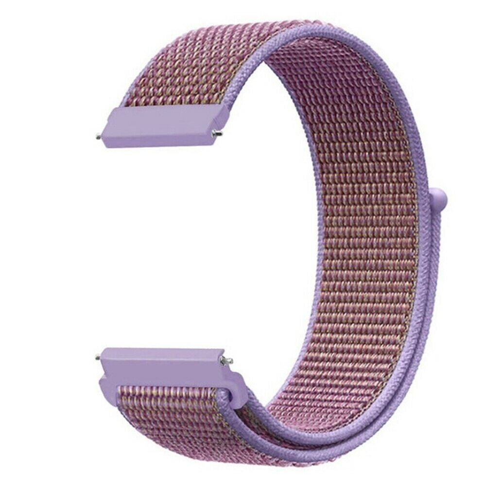 Ein gebogenes Uhrenarmband, Lavendel- und Malvenfarben. Es hat eine gewebte Textur. Es hat zwei Lavendelverschlüsse und einen kleinen Stift.