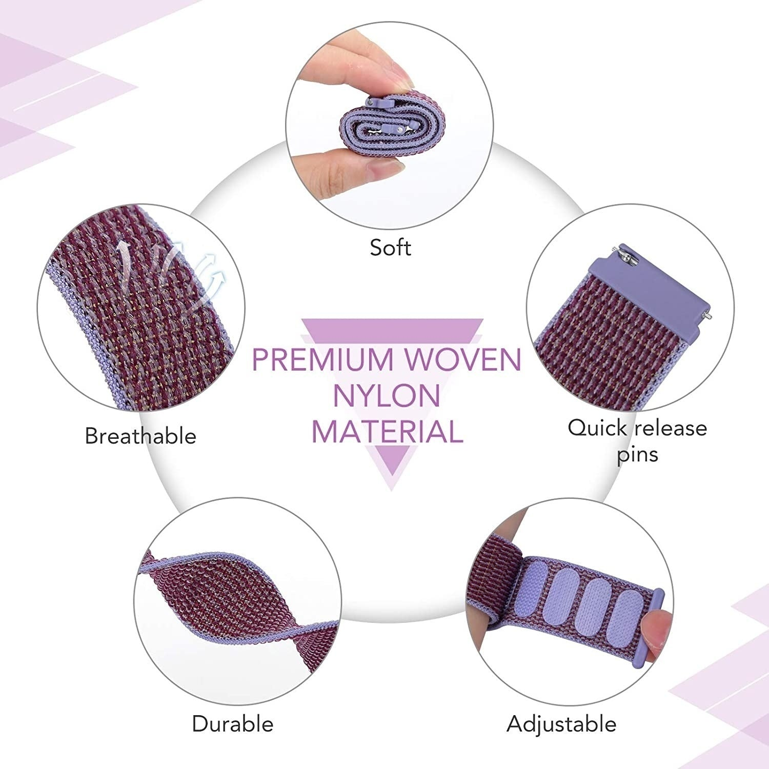 Das Bild zeigt ein hochwertiges gewebtes Nylon-Uhrenarmband. Merkmale: weich, atmungsaktiv, strapazierfähig, Schnellverschlussstifte und verstellbar. Lila und Kastanienbraun.