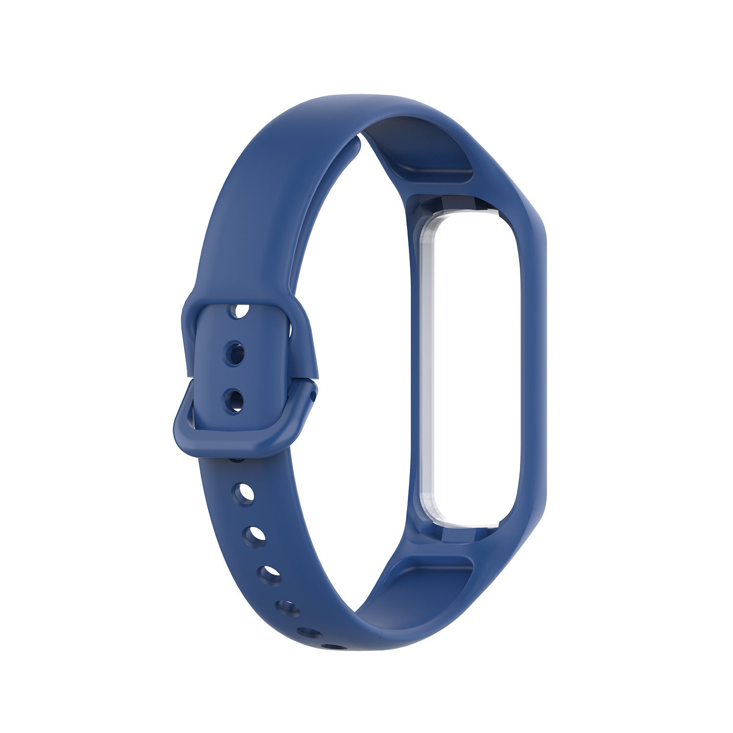Ein blaues Smartwatch-Armband mit Schnalle und Löchern, mit einem rechteckigen Bereich für das Zifferblatt, vor weißem Hintergrund.