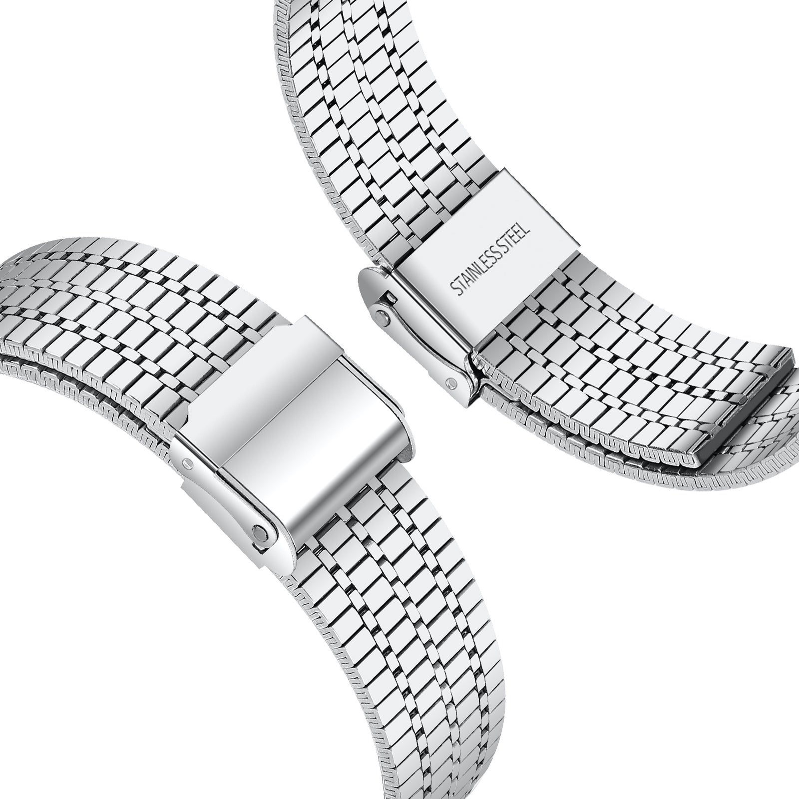 Nahaufnahme von zwei Edelstahl-Armbändern mit Verschlüssen. Auf einem Verschluss steht 'STAINLESS STEEL'.