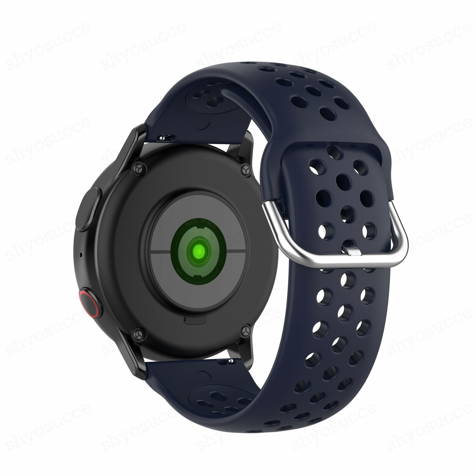Schwarze Smartwatch mit dunkelblauem Armband. Die Uhr hat einen grünen Sensor auf der Rückseite und einen roten Knopf.