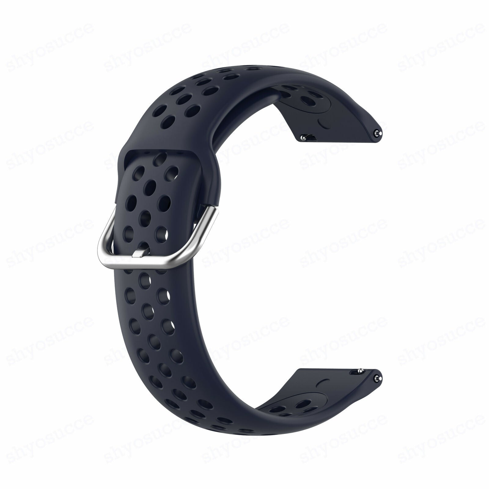 Ein marineblaues Uhrenarmband mit Perforationen und einer silbernen Schnalle vor weißem Hintergrund.