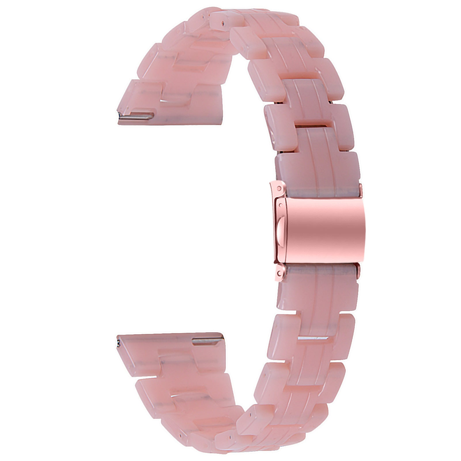 Rosa, durchscheinendes Uhrenarmband mit roségoldfarbener Schließe. Das Armband besteht aus rechteckigen Gliedern.