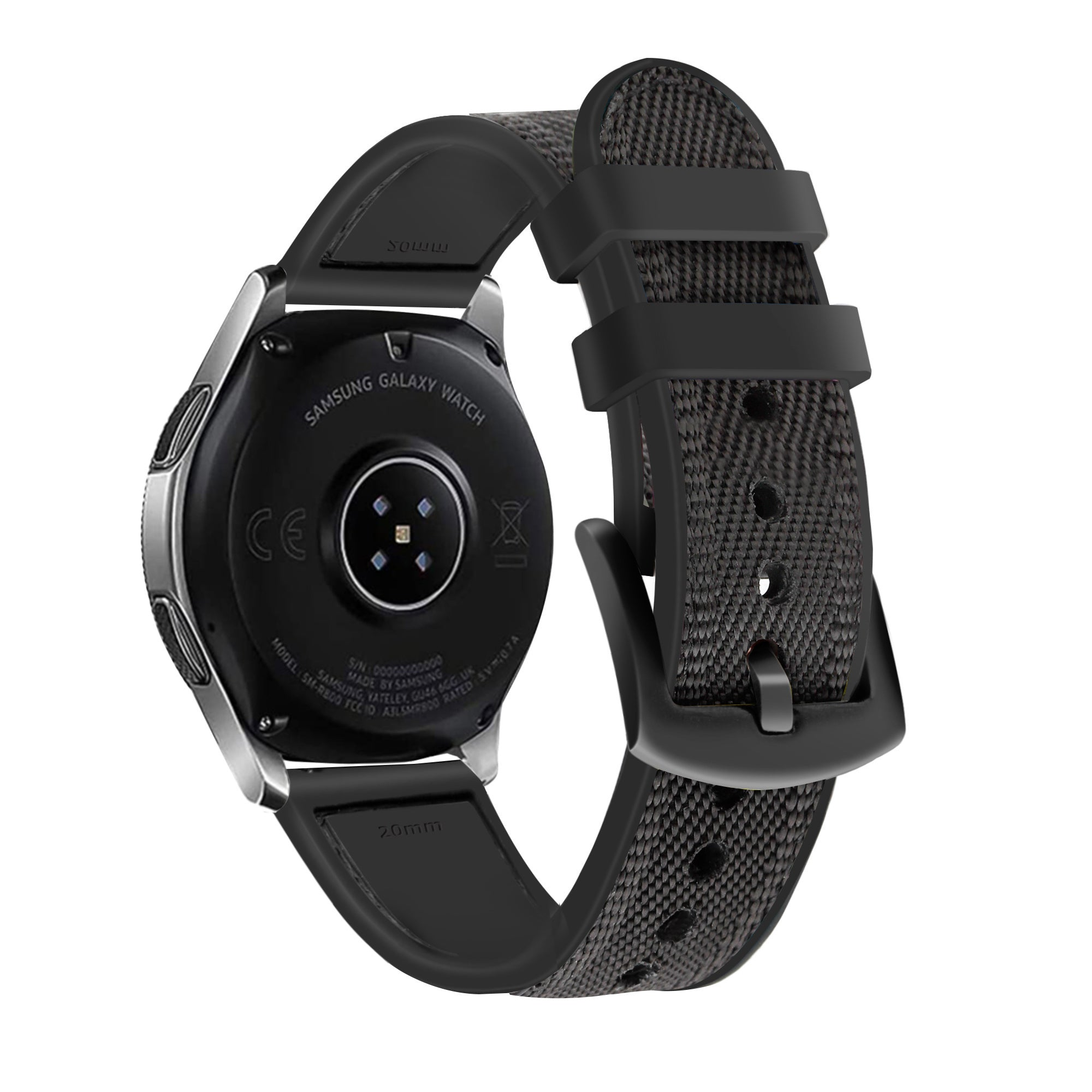 Schwarze Samsung Galaxy Uhr mit grauem Stoffband. Die Rückseite der Uhr zeigt Modellinformationen. Das Armband hat Löcher.
