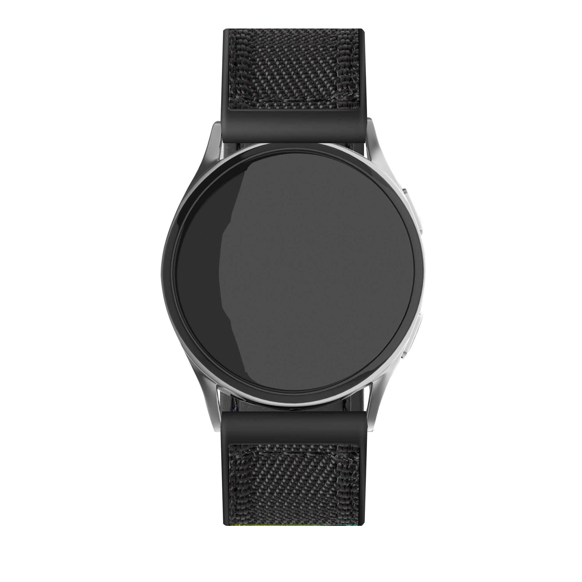 Eine Smartwatch mit rundem, schwarzem Bildschirm, silbernem Gehäuse und schwarzen Armbändern mit strukturiertem Muster vor weißem Hintergrund.