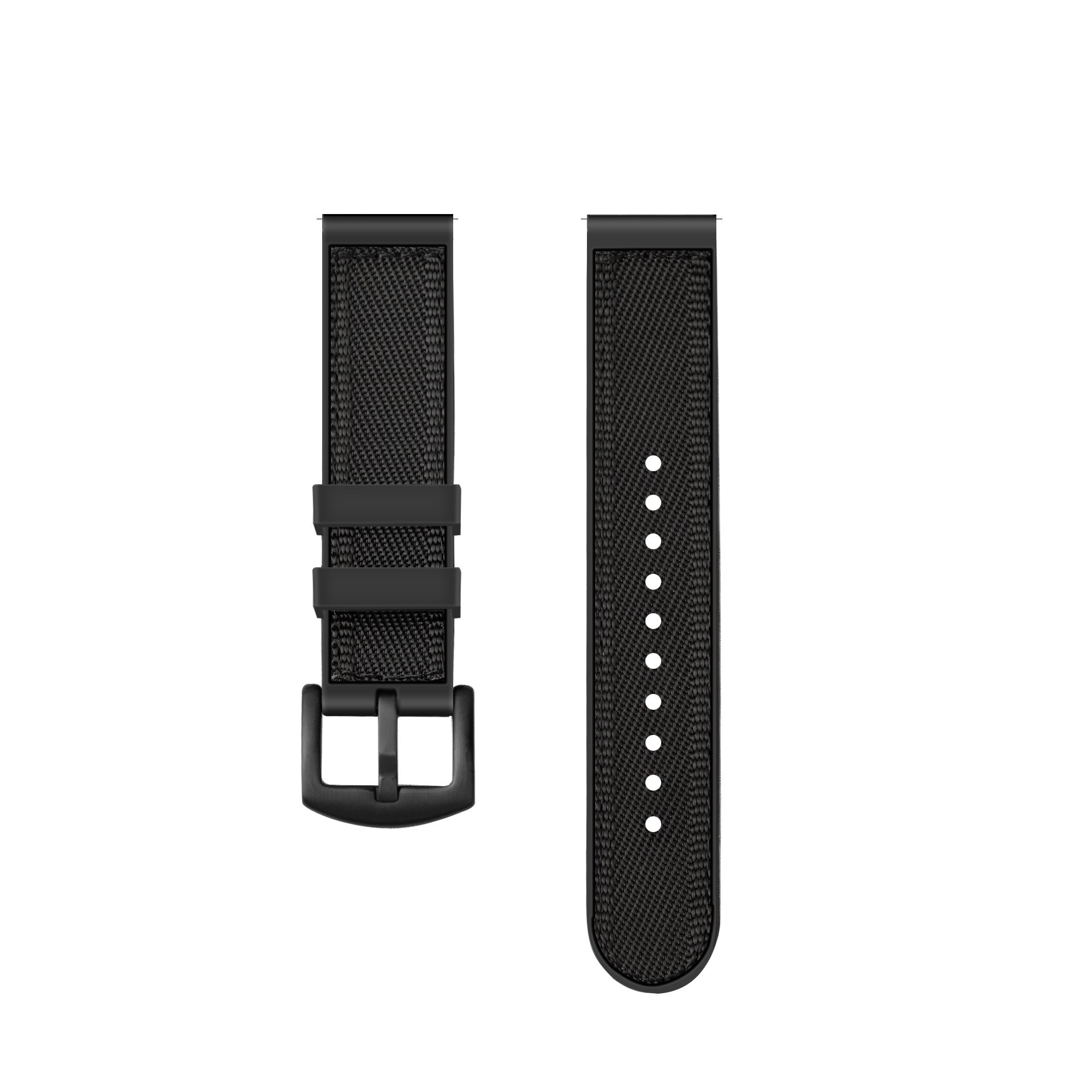 Zwei schwarze Uhrenarmbänder auf weißem Hintergrund. Eines hat eine Schnalle, das andere Löcher.