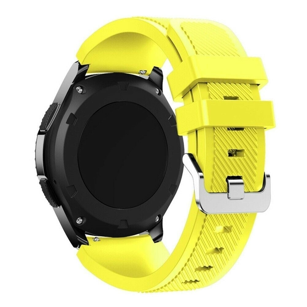 Eine Smartwatch mit schwarzem Zifferblatt und leuchtend gelbem Armband. Das Armband ist strukturiert und mit einer silbernen Schnalle befestigt.