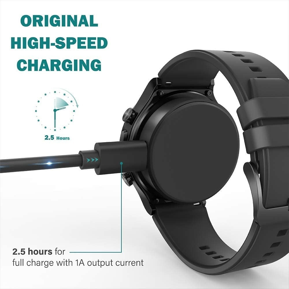 Schwarze Smartwatch wird aufgeladen. Ein Kabel ist angeschlossen. Text lautet 'Original High-Speed Charging' und '2,5 Stunden'.