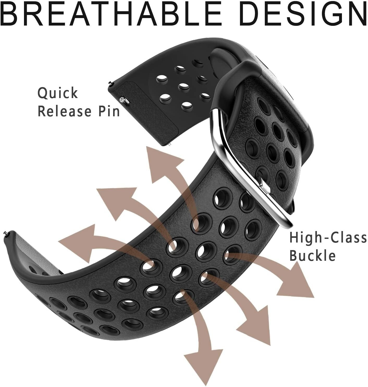 Schwarzes Uhrenarmband mit Löchern, beschriftet mit 'Breathable Design'. Pfeile zeigen den Luftstrom an. Merkmale 'Quick Release Pin' und 'High-Class Buckle'.
