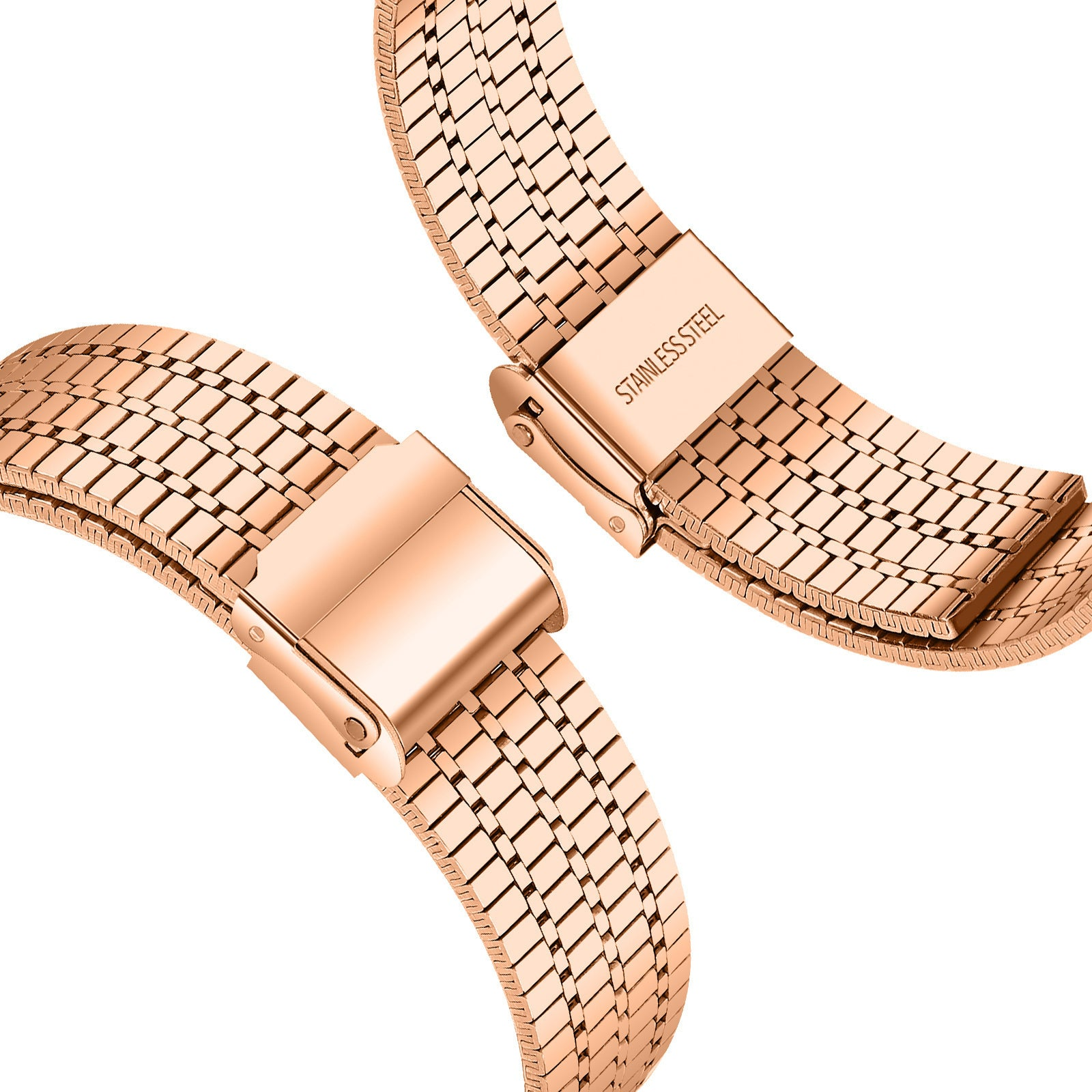 Details des roségoldenen Uhrenarmbands. Zwei Abschnitte mit einem Verschluss. 'EDELSTAHL' steht auf dem Verschluss. Weißer Hintergrund.