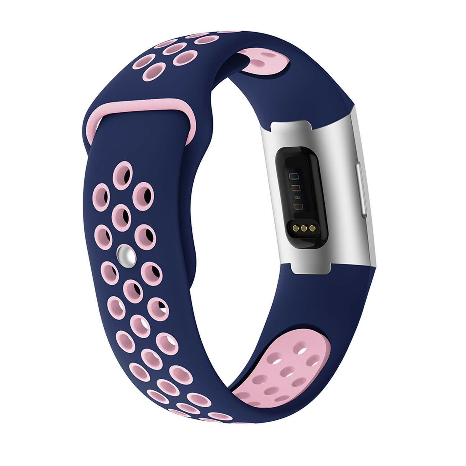 Dunkelblaues und rosa Smartwatch-Armband. Das Band ist perforiert und hat ein silbernes Zifferblatt. Es befindet sich auf weißem Hintergrund.