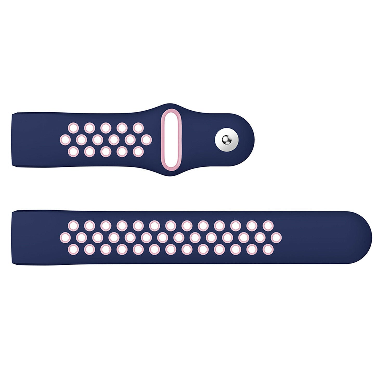 Zwei marineblaue Uhrenarmbänder. Jedes hat weiße Löcher, die pink umrandet sind. Eines hat einen pink umrandeten Schlitz, das andere einen silbernen Verschluss.