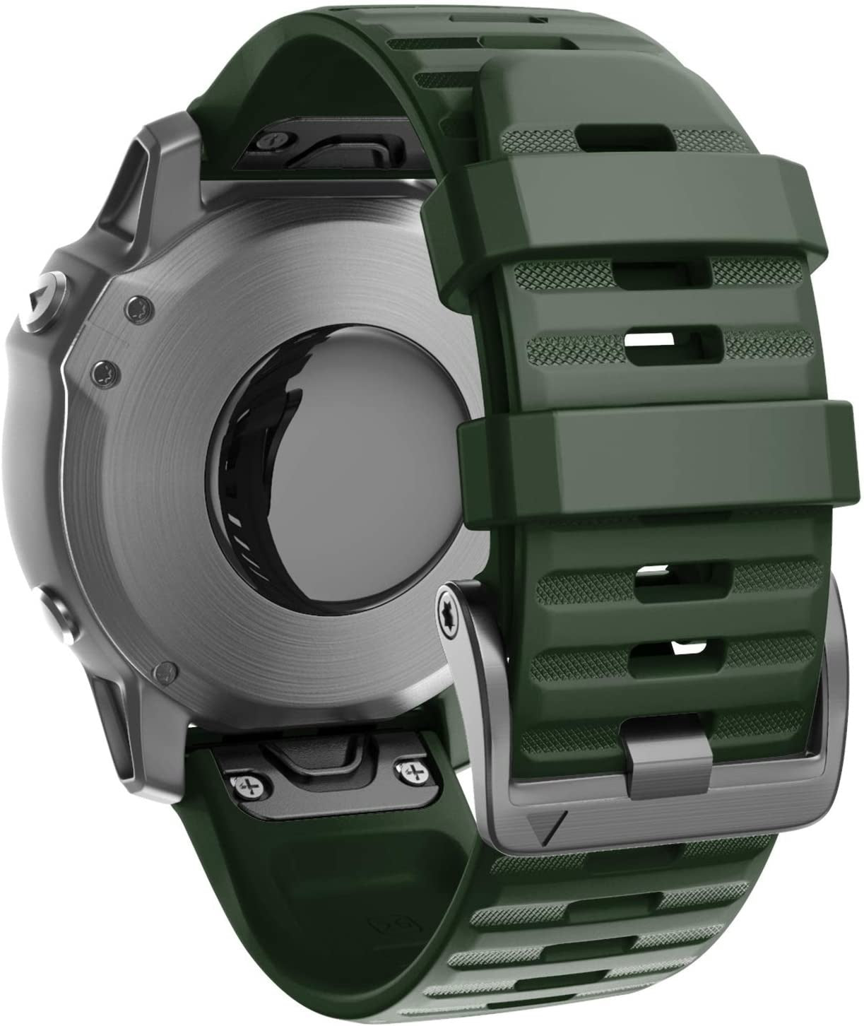 Nahaufnahme der Rückseite einer Smartwatch. Sie hat ein Edelstahlgehäuse, ein grünes Armband und einen schwarzen Sensor.