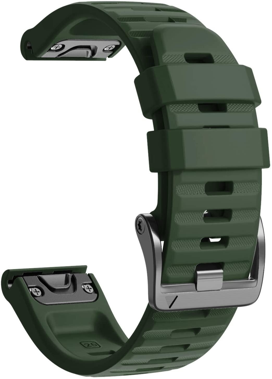Nahaufnahme eines grünen Uhrenarmbands mit silberner Schnalle. Das Armband hat eine strukturierte Oberfläche und ist gebogen.