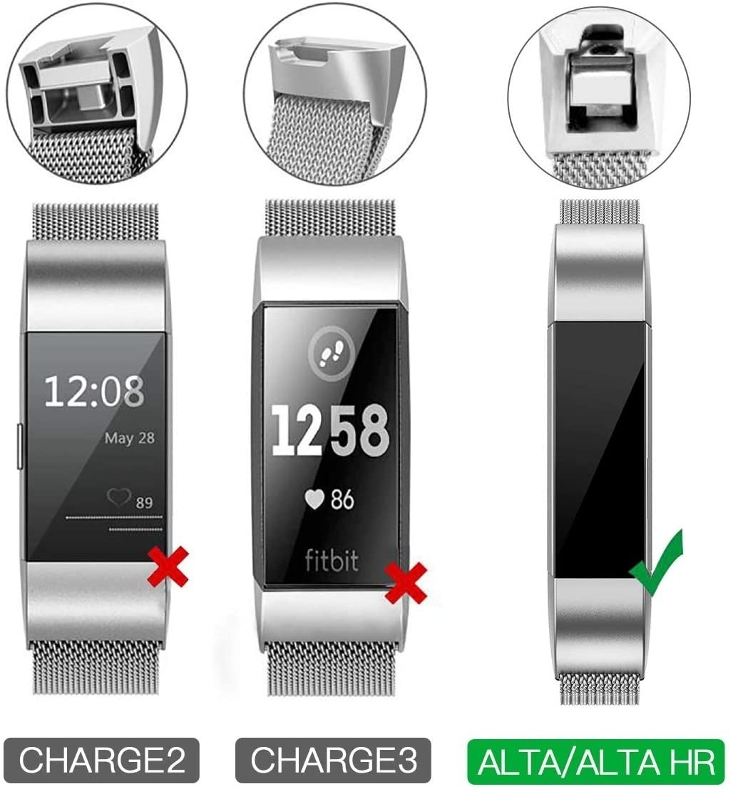 Das Bild zeigt drei Fitbits. Die ersten beiden, Charge 2 und 3, sind mit roten X markiert. Das dritte, Alta/Alta HR, hat ein grünes Häkchen.