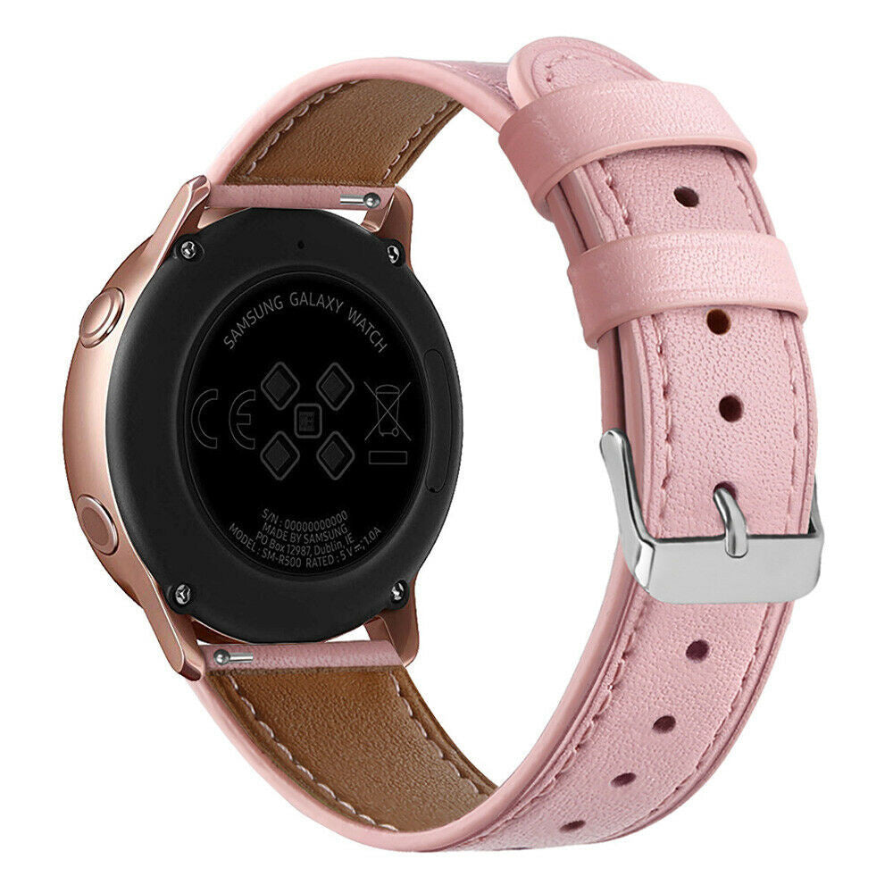 Roségoldene Samsung Galaxy Watch mit rosa Lederarmband. Die Rückseite der Uhr zeigt Details. Das Armband ist geschnallt.
