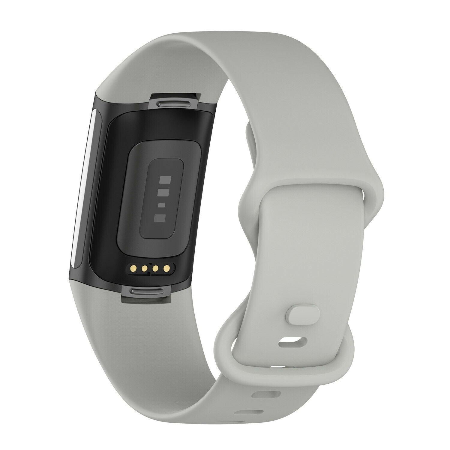 Ein hellgrauer Fitnesstracker mit schwarzem Bildschirm und goldenen Ladepunkten. Das Armband ist hellgrau, das Gerät vor weißem Hintergrund.