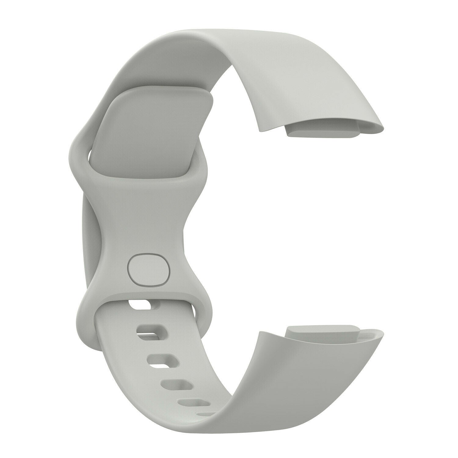 Ein hellgraues Uhrenarmband wird vor einem weißen Hintergrund gezeigt. Das Armband ist gebogen, hat Löcher und ist zur Befestigung an einer Uhr bestimmt.