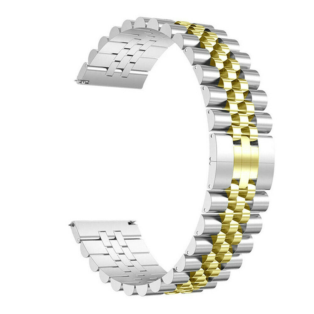 Ein zweifarbiges Uhrenarmband, silber und gold. Es ist gebogen und besteht aus Metallgliedern mit einem Verschluss.