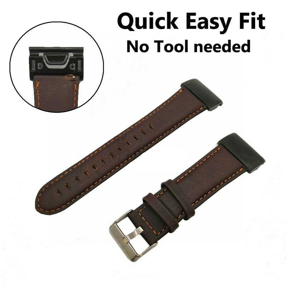 Braune Leder-Armbänder mit silberner Schnalle und schwarzen Endstücken. Text: Quick Easy Fit, No Tool Needed.