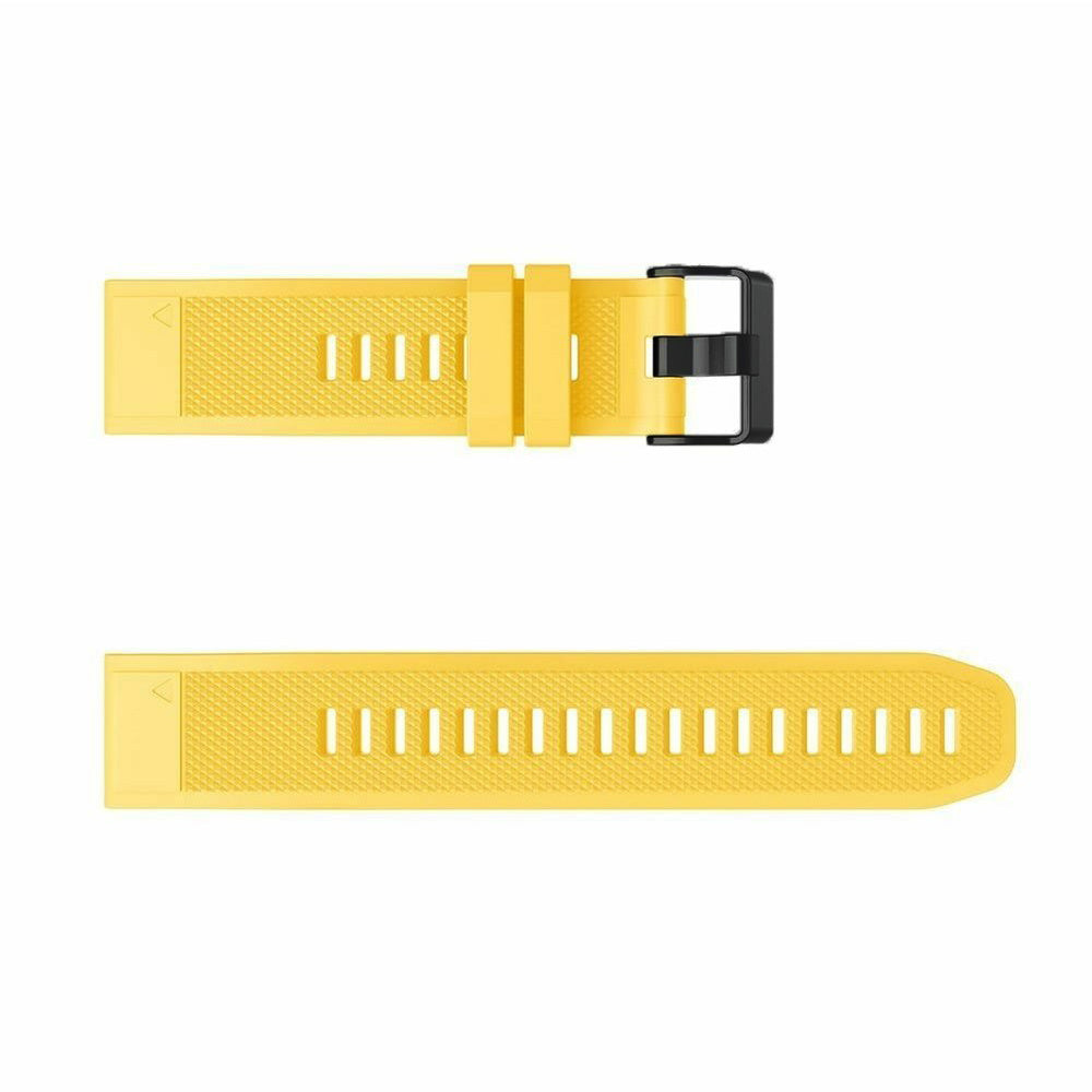 Gelbe Uhrenarmbänder mit schwarzer Schnalle. Oberes Band hat 4 Linien, unteres Band hat 18 Linien. Weißer Hintergrund.