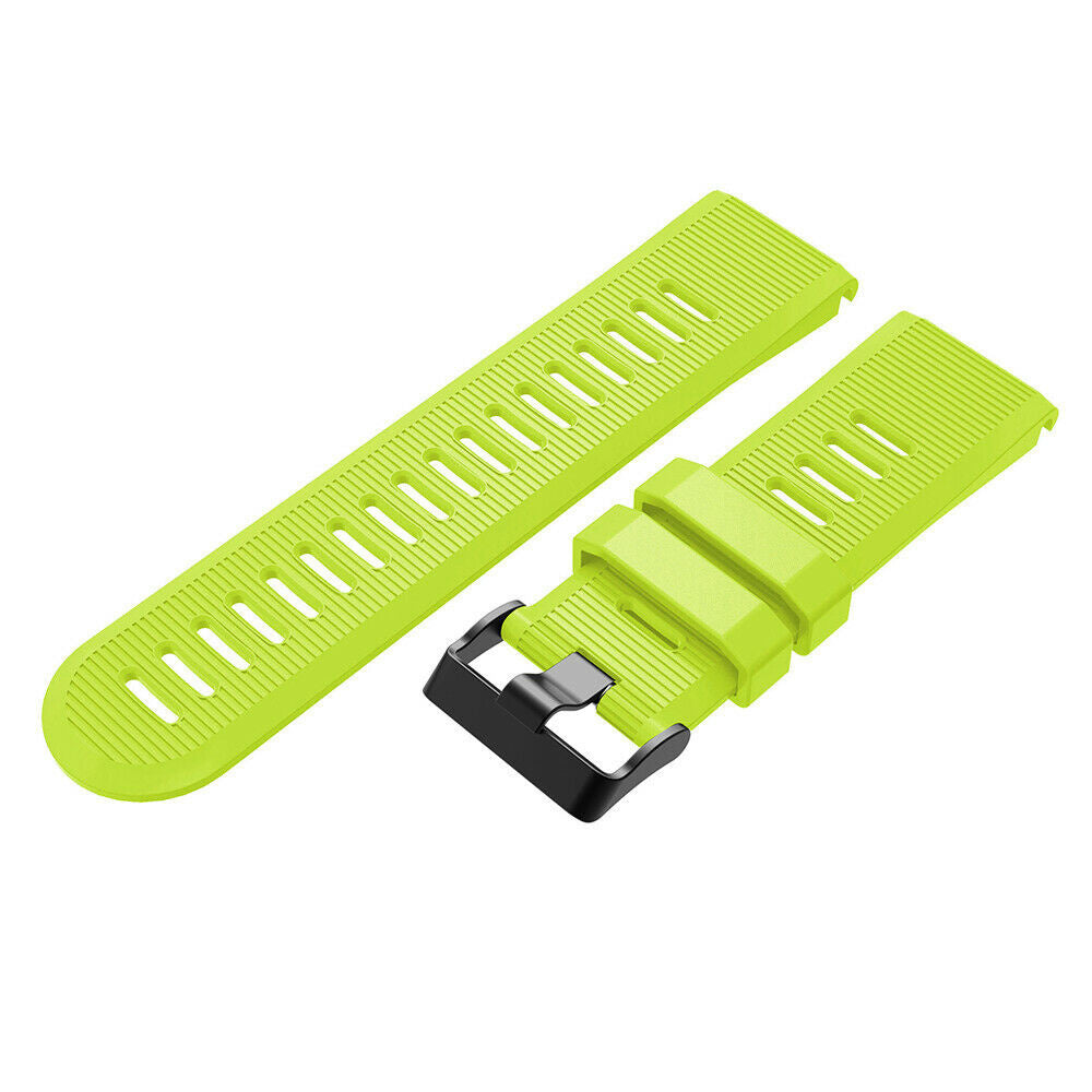 Zwei lindgrüne Uhrenarmbänder mit schwarzer Schnalle, vor weißem Hintergrund. Ein Armband ist länger als das andere.